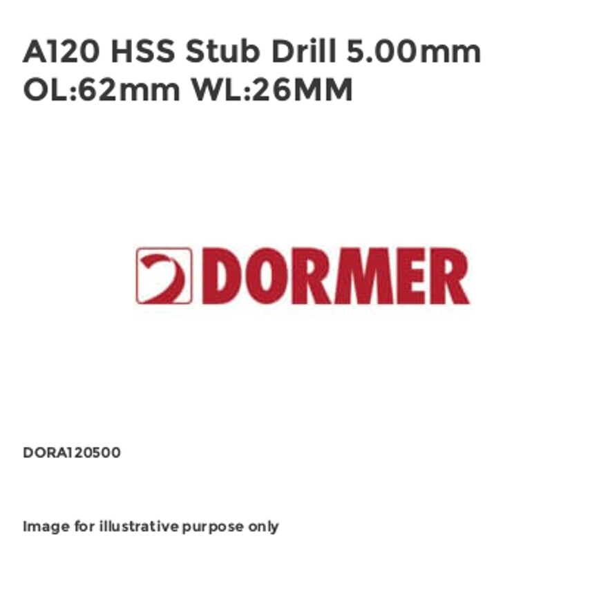A120 HSS Stub Drill 5.00mm OL:62mm WL:26MM DORA120500