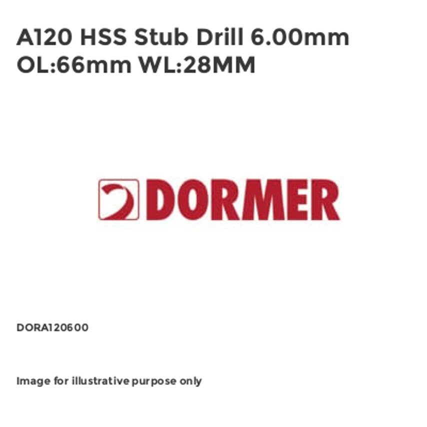 A120 HSS Stub Drill 6.00mm OL:66mm WL:28MM DORA120600