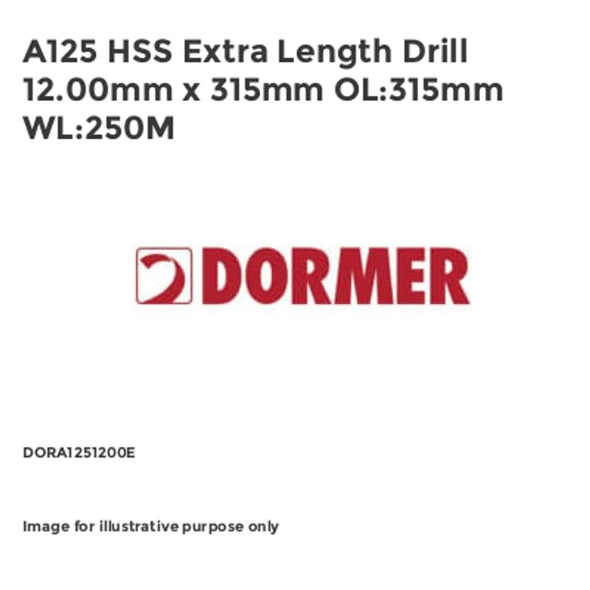 A125 HSS Extra Length Drill 12.00mm x 315mm OL:315mm WL:250M DORA1251200E