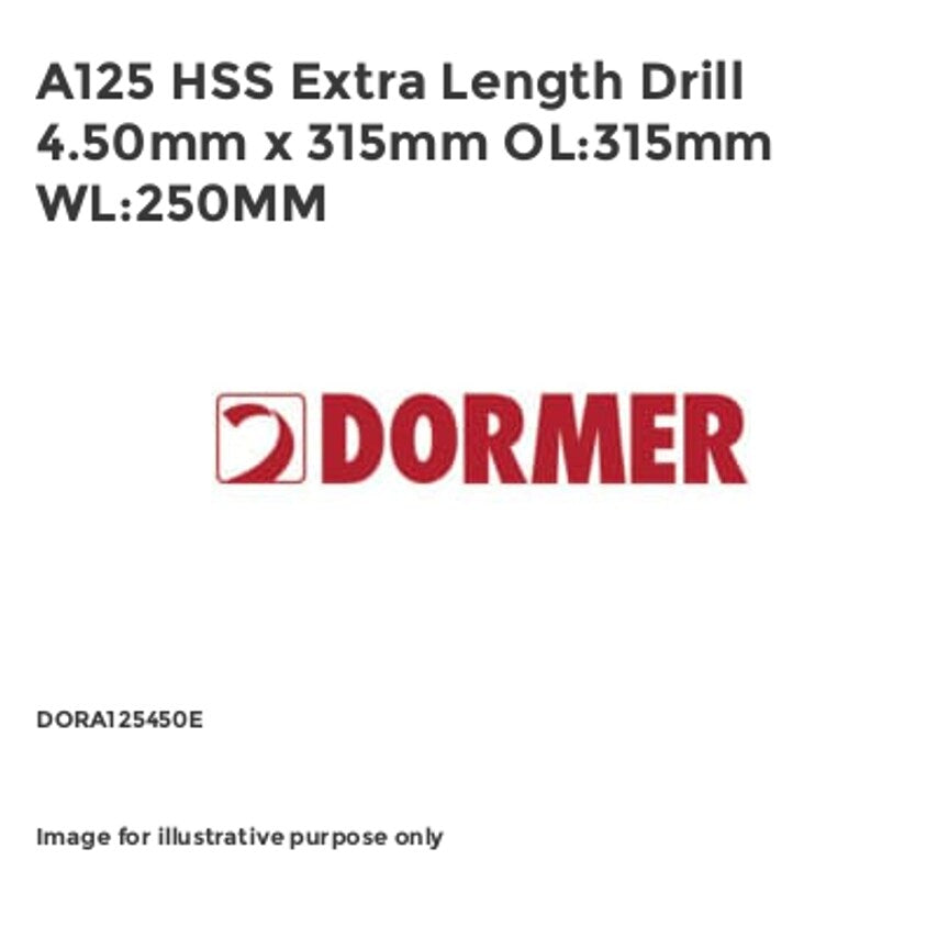 A125 HSS Extra Length Drill 4.50mm x 315mm OL:315mm WL:250MM DORA125450E
