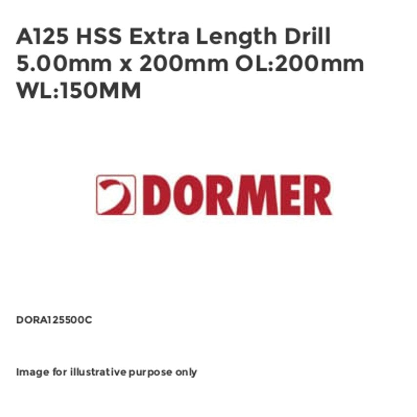 A125 HSS Extra Length Drill 5.00mm x 200mm OL:200mm WL:150MM DORA125500C
