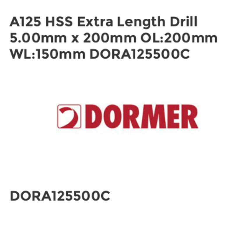 A125 HSS Extra Length Drill 5.00mm x 200mm OL200mm WL150mm DORA125500C