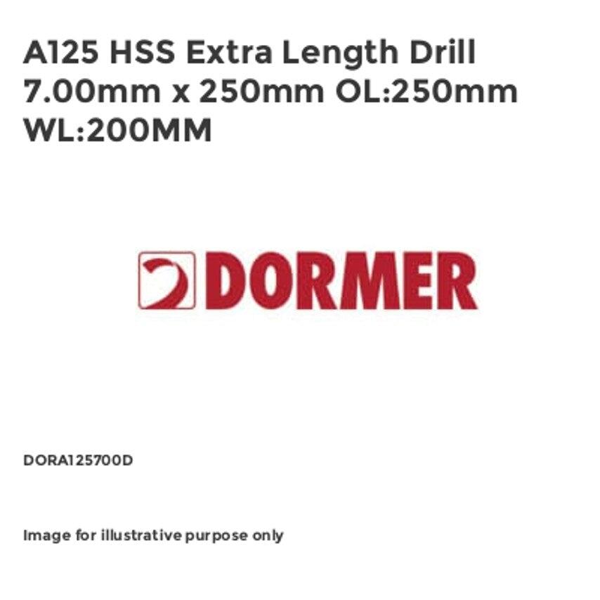A125 HSS Extra Length Drill 7.00mm x 250mm OL:250mm WL:200MM