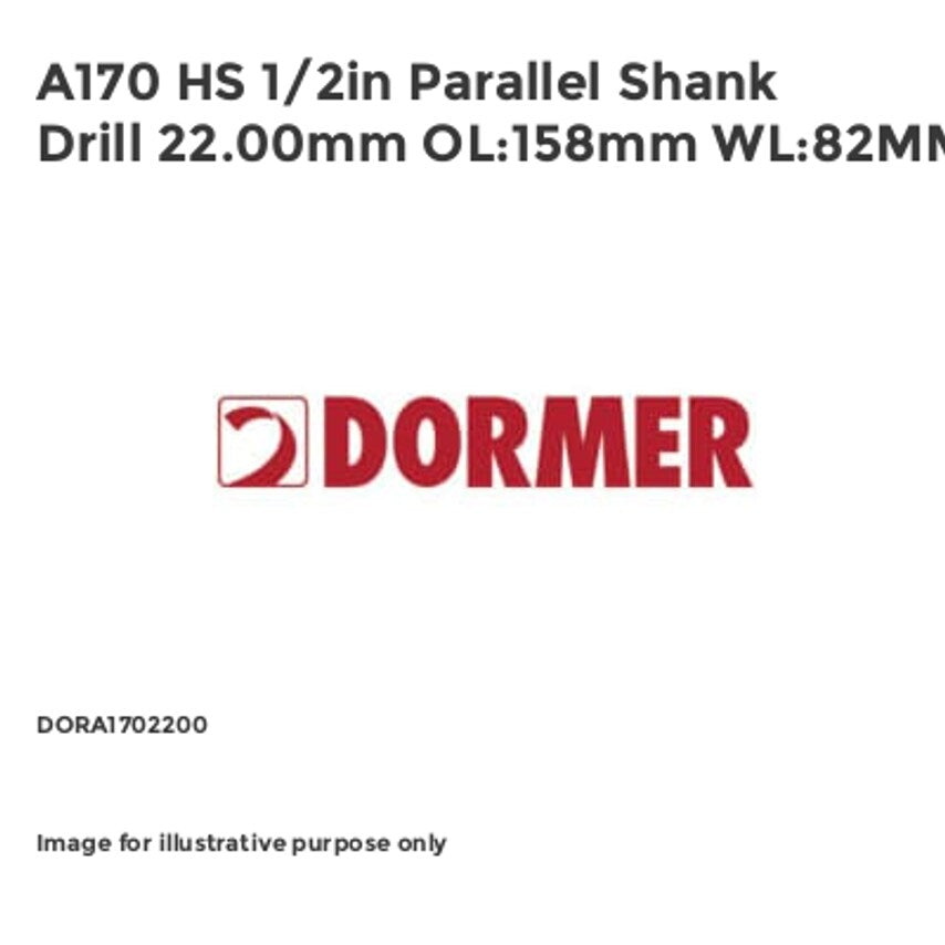 A170 HS 1/2in Parallel Shank Drill 22.00mm OL:158mm WL:82MM DORA1702200