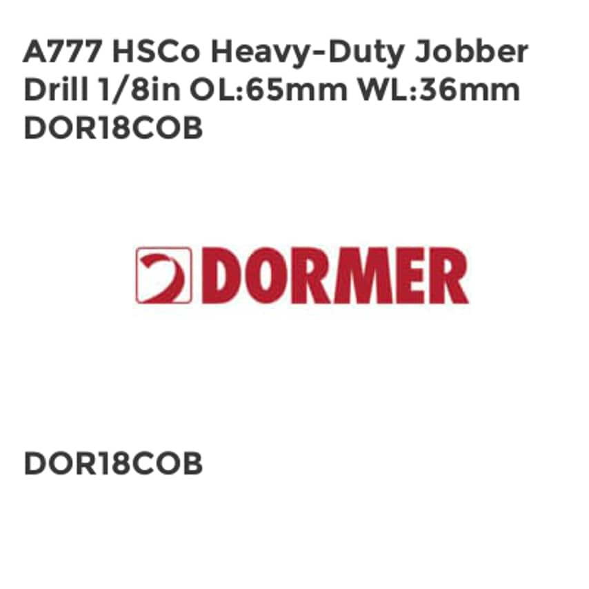 A777 HSCo Heavy-Duty Jobber Drill 1/8in OL65mm WL36mm DOR18COB