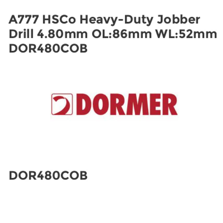 A777 HSCo Heavy-Duty Jobber Drill 4.80mm OL86mm WL52mm DOR480COB
