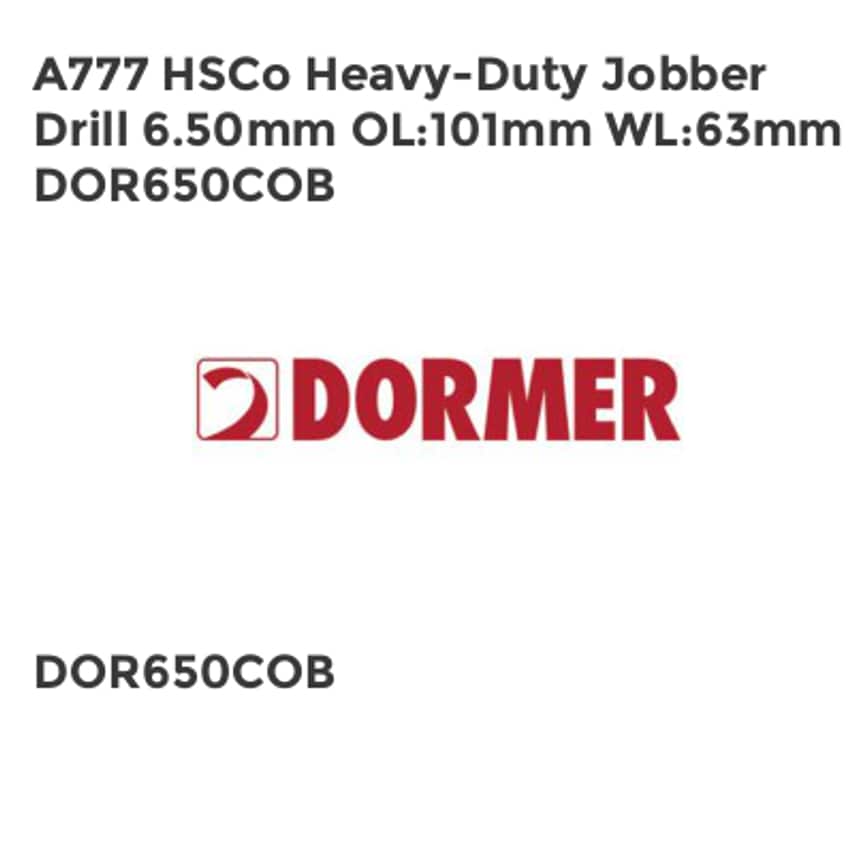 A777 HSCo Heavy-Duty Jobber Drill 6.50mm OL101mm WL63mm DOR650COB
