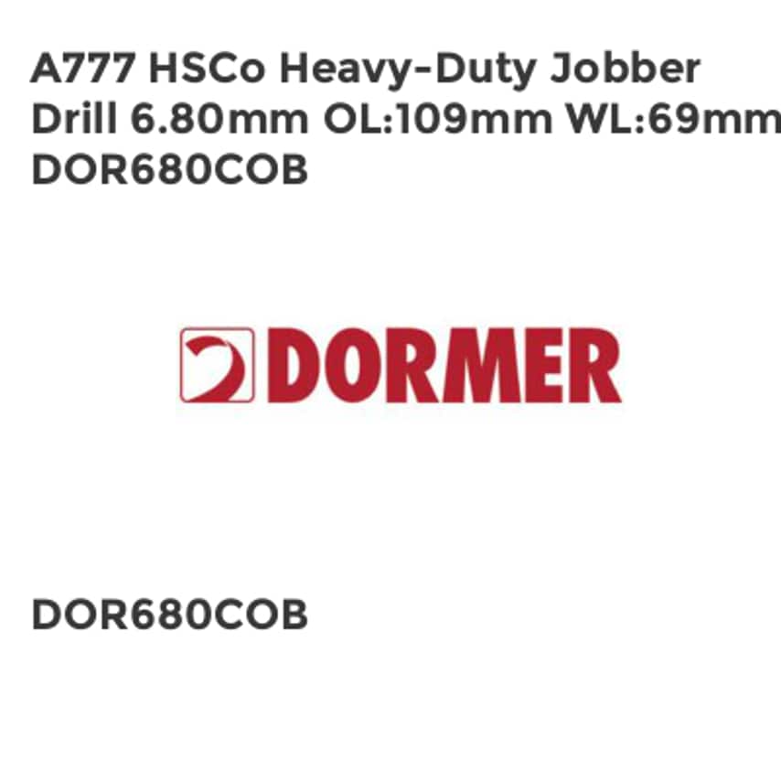 A777 HSCo Heavy-Duty Jobber Drill 6.80mm OL109mm WL69mm DOR680COB