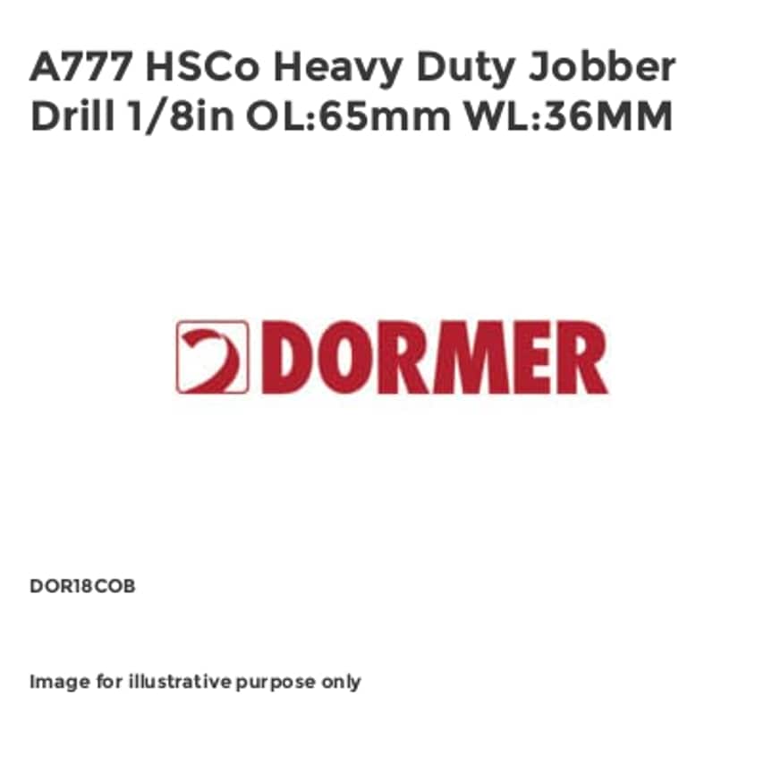 A777 HSCo Heavy Duty Jobber Drill 1/8in OL:65mm WL:36MM DOR18COB