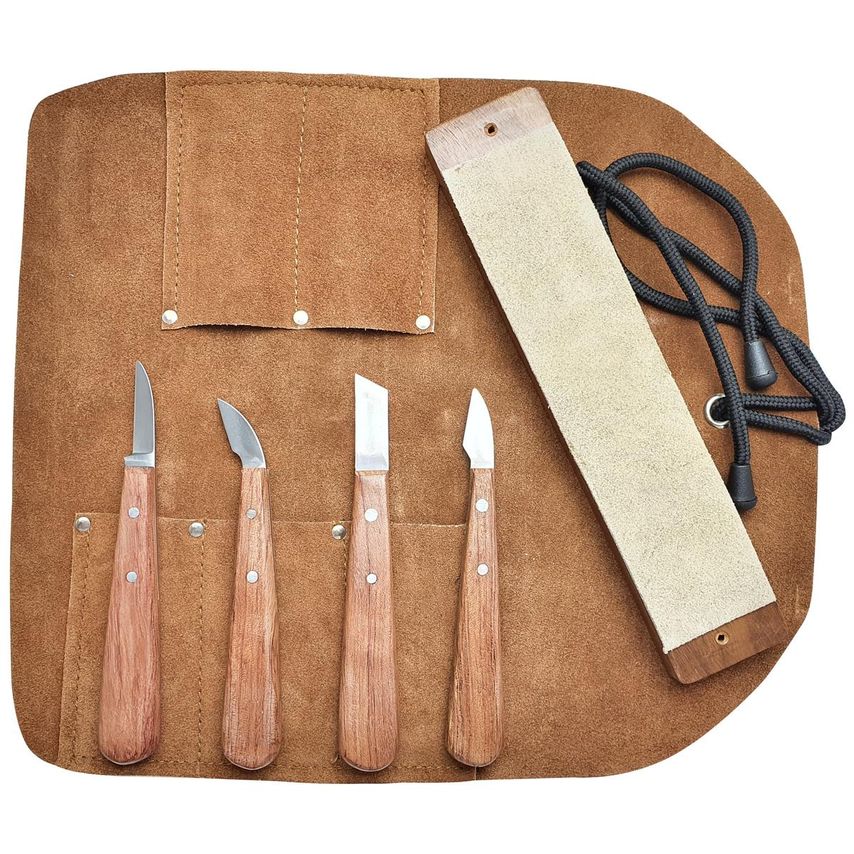 BEBKIT2 Chip Carving 4 Piece Set With Leather Strop In A Leather Tool Roll