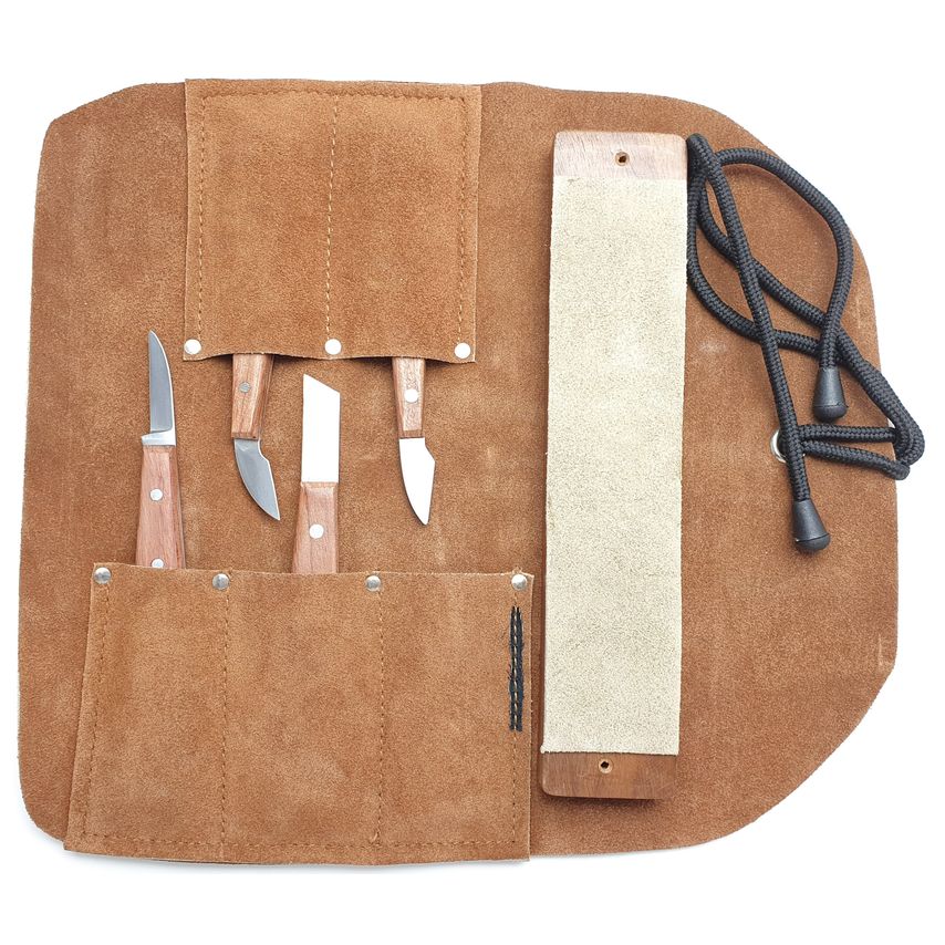 BEBKIT2 Chip Carving 4 Piece Set With Leather Strop In A Leather Tool Roll