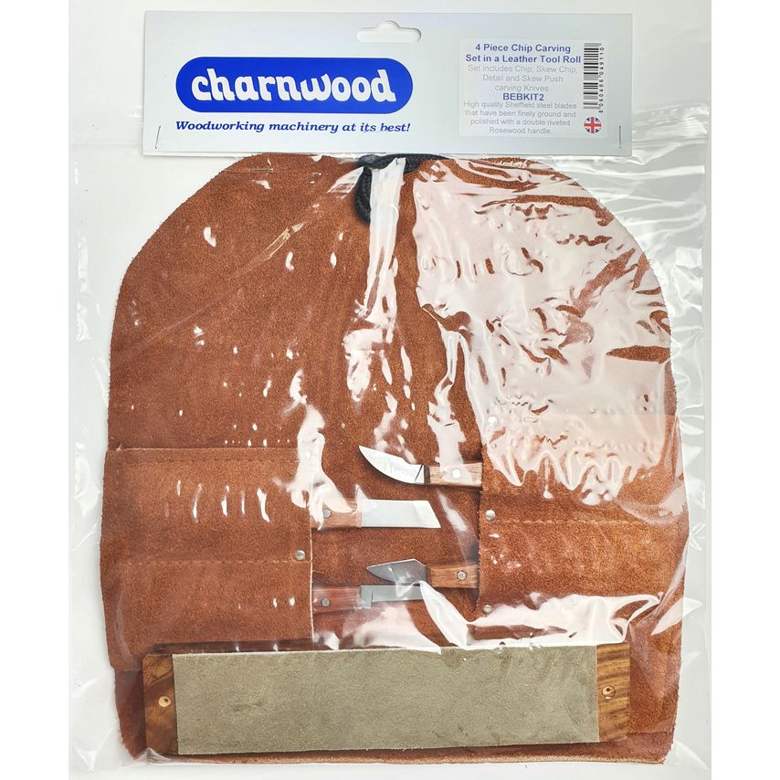 BEBKIT2 Chip Carving 4 Piece Set With Leather Strop In A Leather Tool Roll