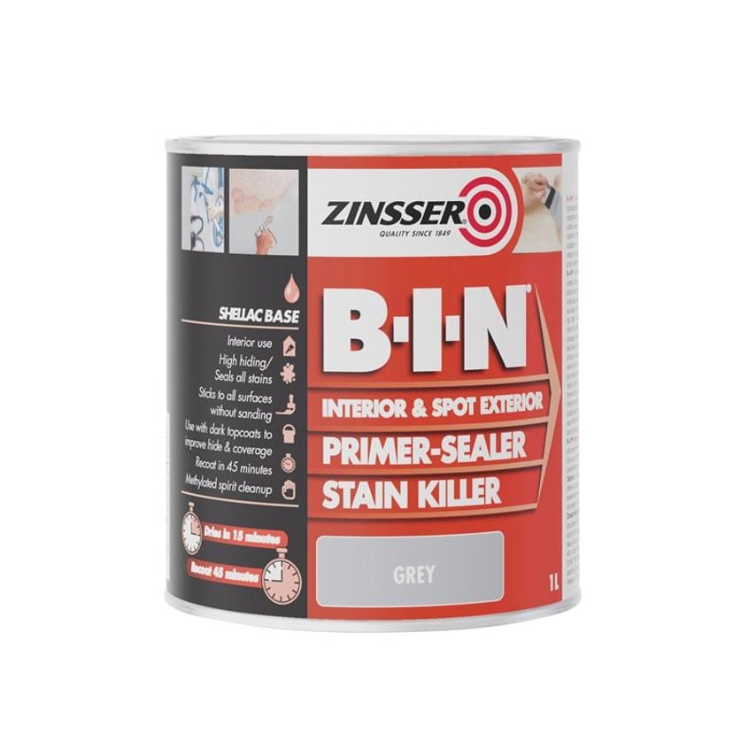 B.I.N Primer, Sealer & Stain Killer Paint Grey 1 litre ZINBING1L