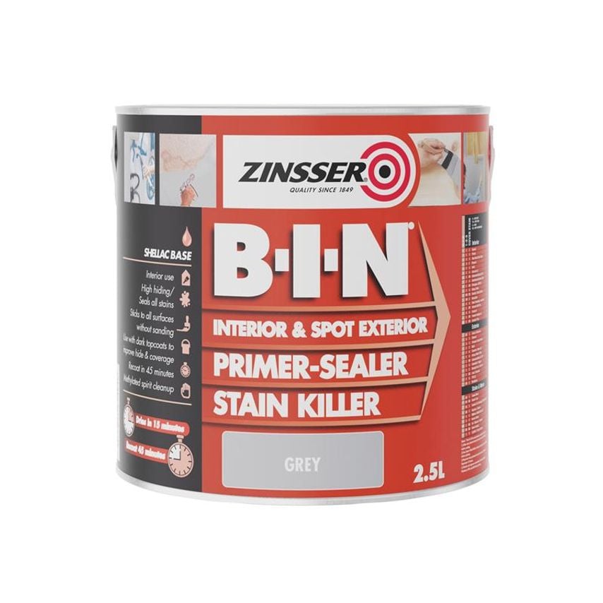 B.I.N Primer, Sealer & Stain Killer Paint Grey 2.5 litre ZINBING25L