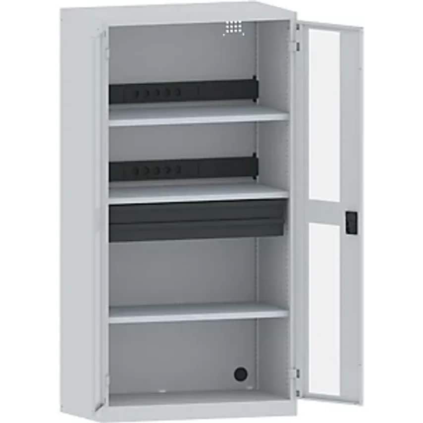 Battery Charging Cabinet, 3 Shelves, 2 Drawers, Vision Panel Doors, Grey