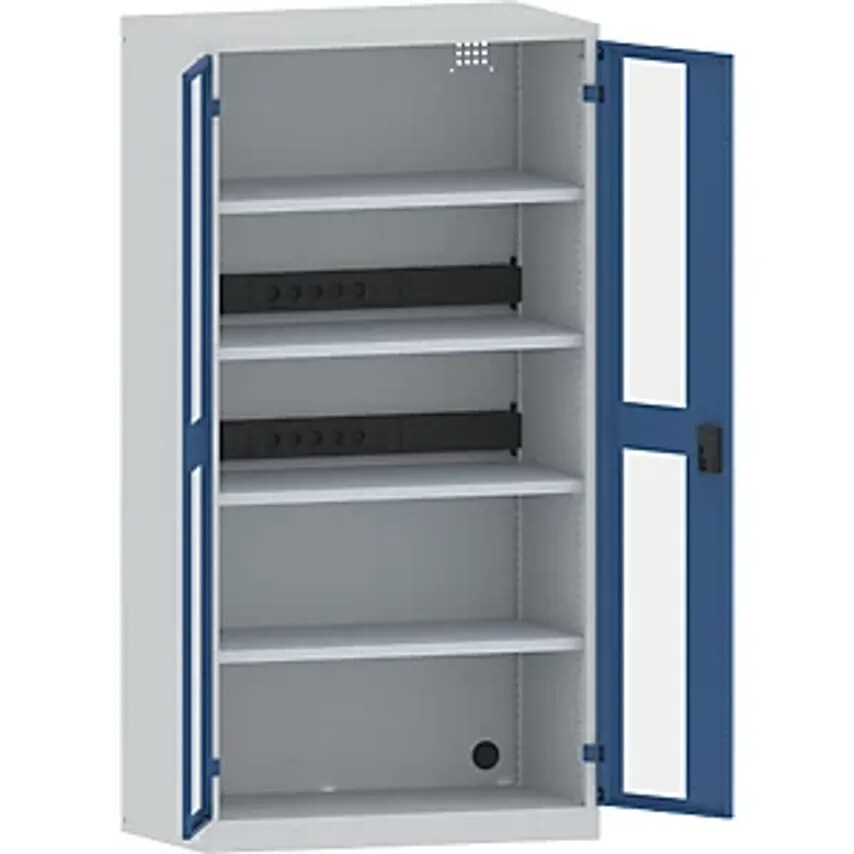 Battery Charging Cabinet, 4 Shelves, Vision Panel Doors, 2 Power Strips At Rear, Grey/Blue