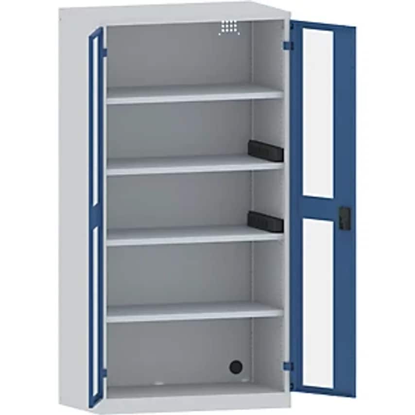 Battery Charging Cabinet, 4 Shelves, Vision Panel Doors, 2 Power Strips At Side, Grey/Blue
