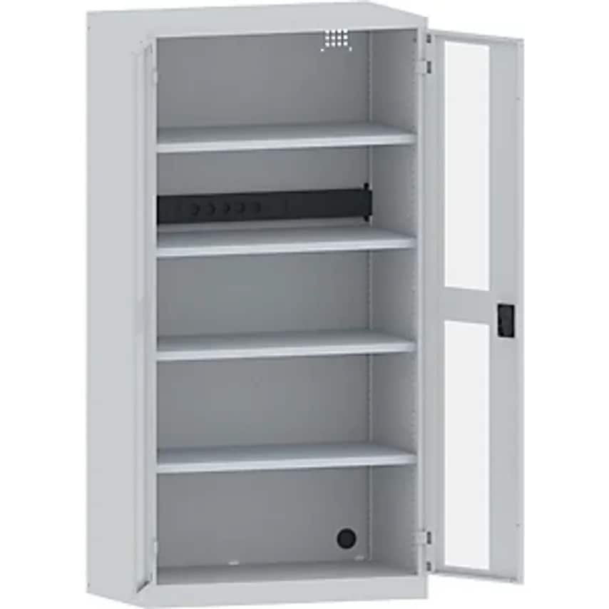 Battery Charging Cabinet, 4 Shelves, Vision Panel Doors, Power Strip At Rear, Grey