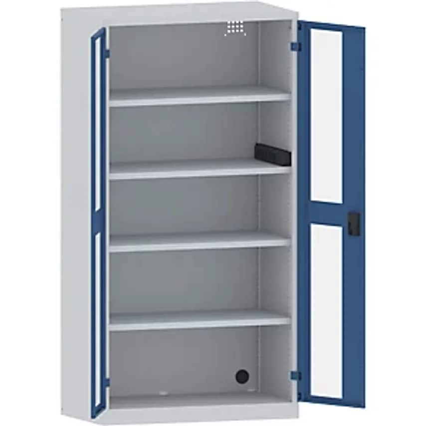 Battery Charging Cabinet, 4 Shelves, Vision Panel Doors, Power Strip At Side, Grey/Blue