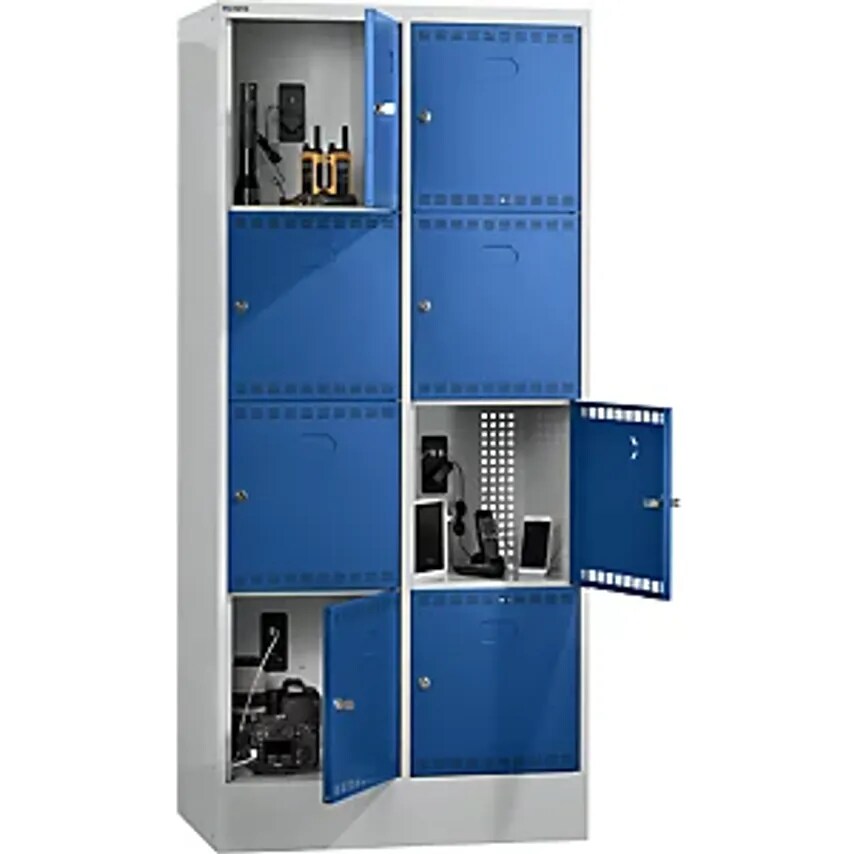 Battery Charging Cabinet With Lockable Compartments - With 2 X 4 Compartments - 1 X 230 V, 2 X USB, Grey/Blue