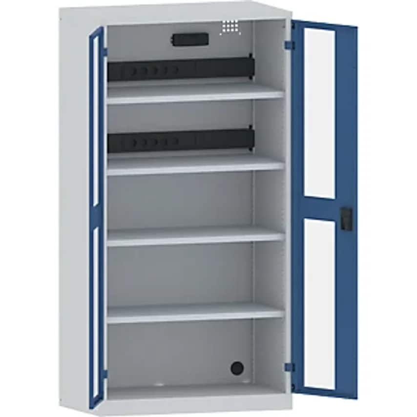 Battery Charging Cabinet - 4 Shelves - Vision Panel Doors, Grey/Blue
