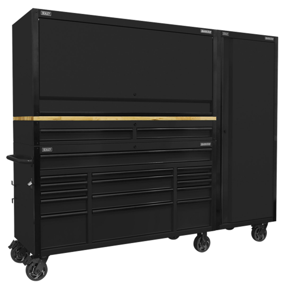 Black Edition Mobile Trolley with Wooden Worktop 15 Drawer, Hutch, 2 Drawer Riser & Side Locker 1549mm