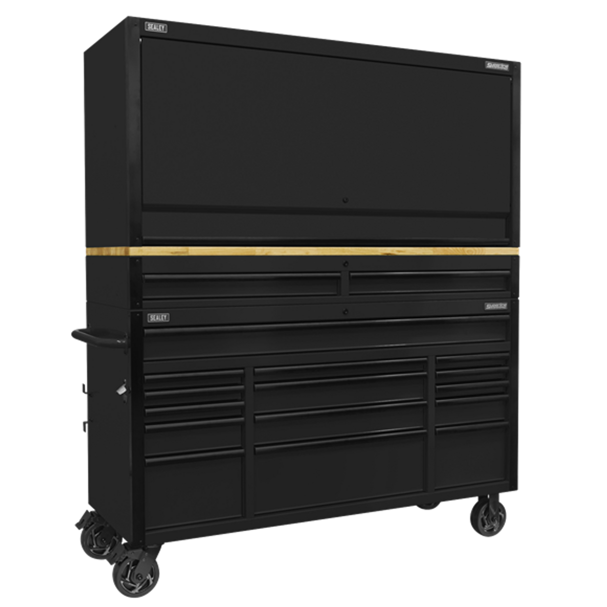 Black Edition Mobile Trolley with Wooden Worktop 15 Drawer Hutch & 2 Drawer Riser 1549mm