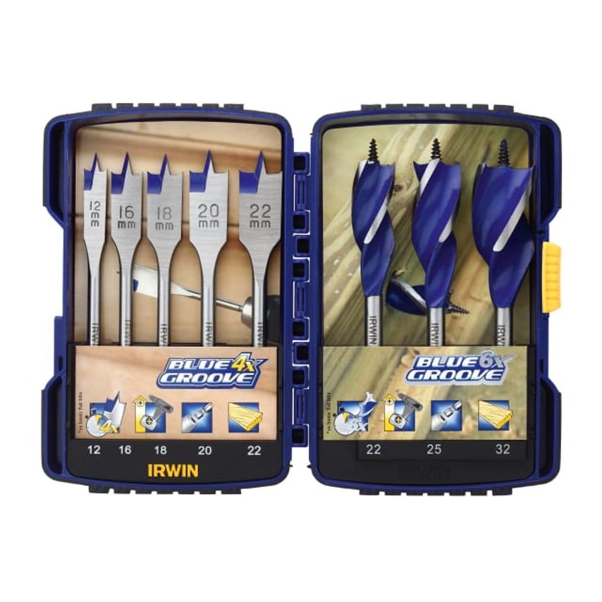 Blue Groove Auger & Flat Drill Bit Set, 8 Piece