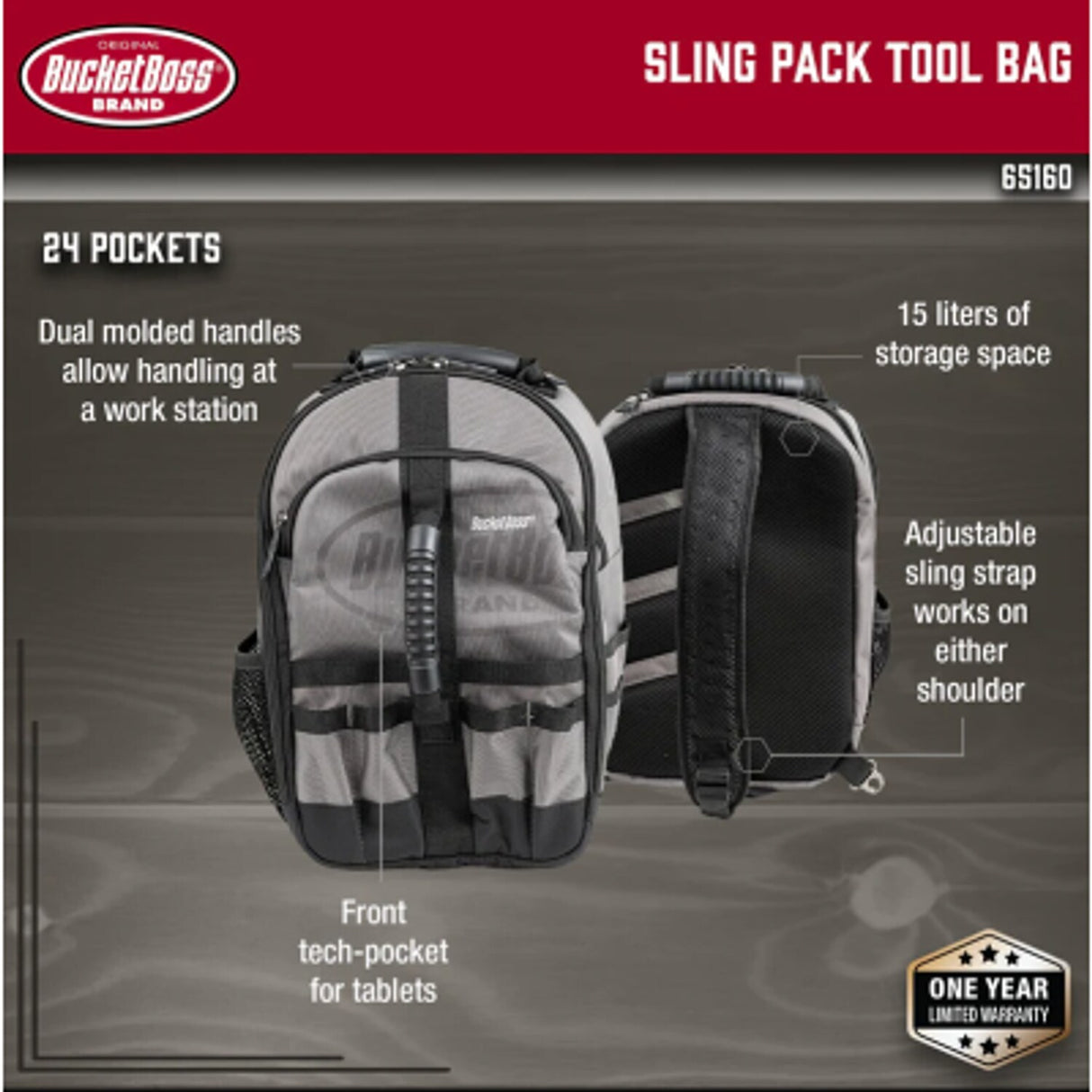 Bucket Boss 65160 Professional Sling Pack Backpack Tool Bag