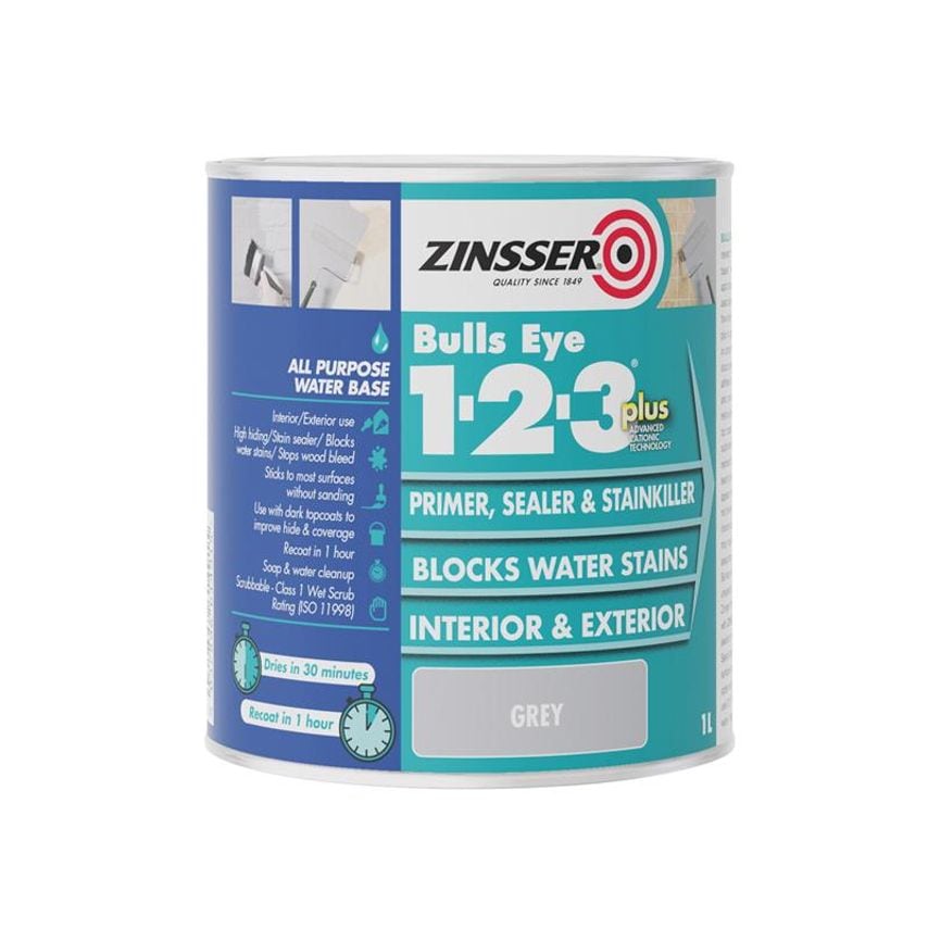 Bulls Eye 1-2-3 Plus Primer, Sealer & Stain Killer Grey 1 litre ZINBE123PG1L