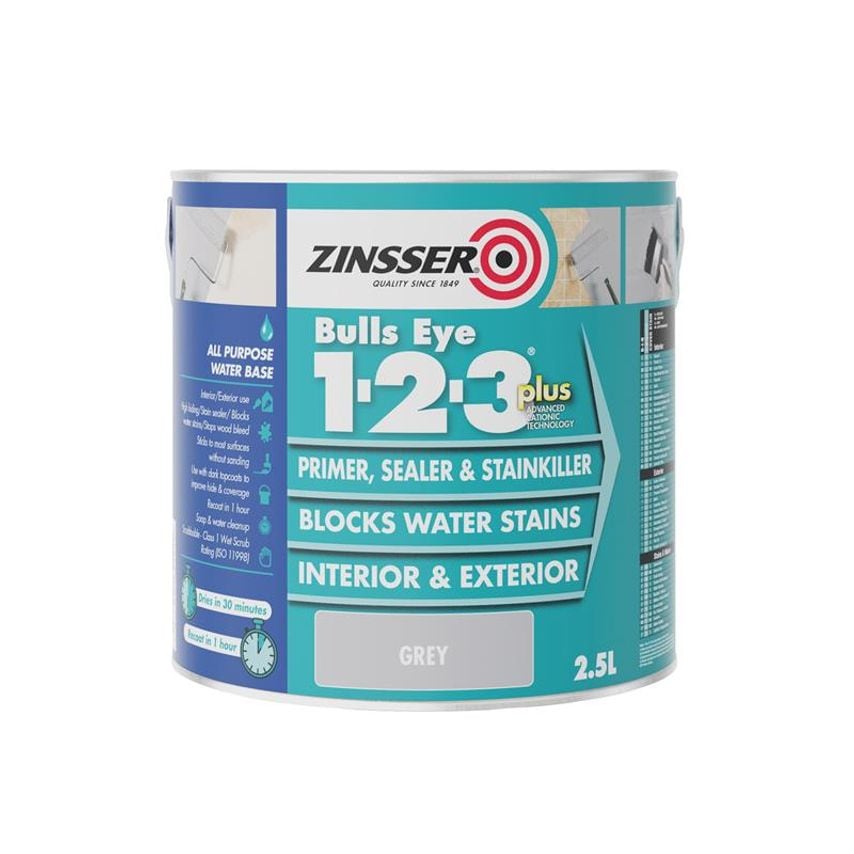Bulls Eye 1-2-3 Plus Primer, Sealer & Stain Killer Grey 2.5 litre ZINBE123PG25