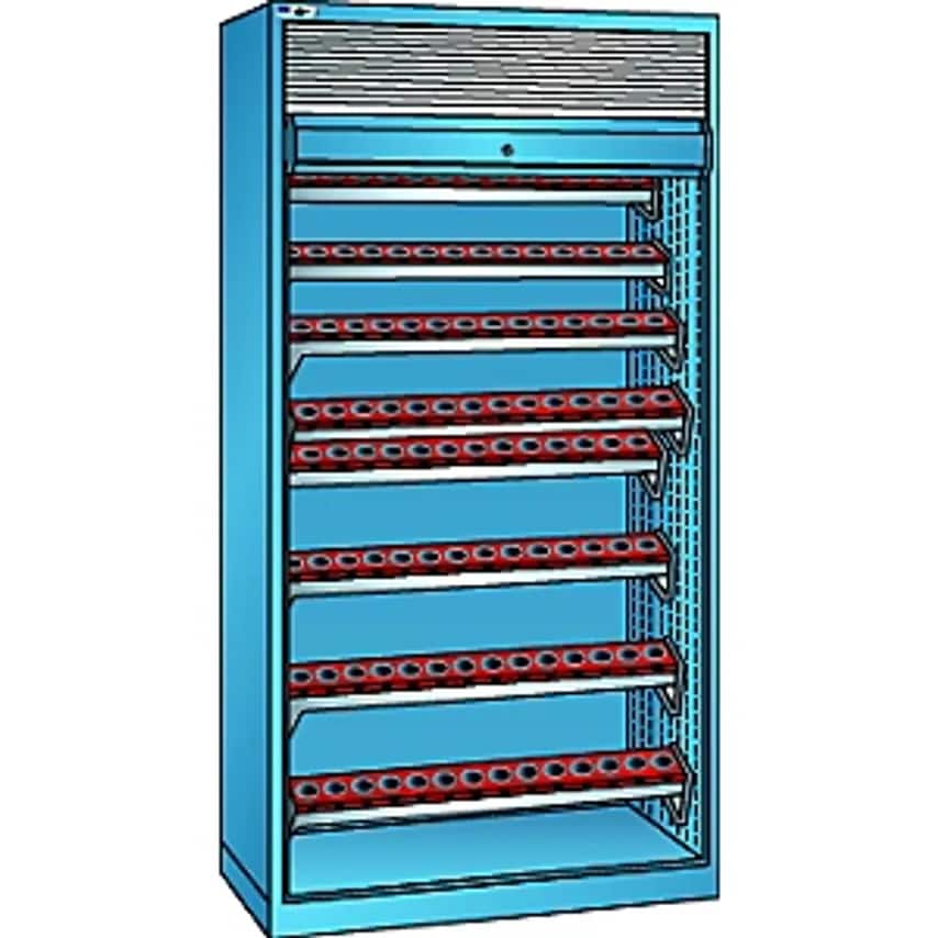 CNC Cupboard With Roller Shutter, 8 Levels, 112 Holders ISO-SK 40, Light Blue RAL 5012