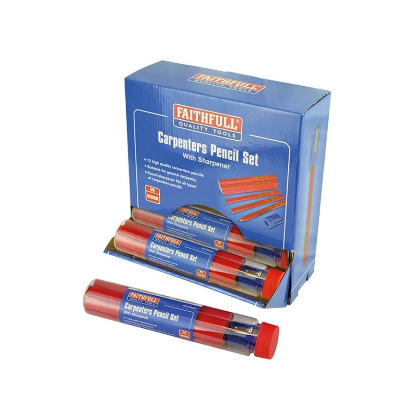 Carpenters Pencils Red (12 x Tubes of 12 + Sharpener) FAICPDISP