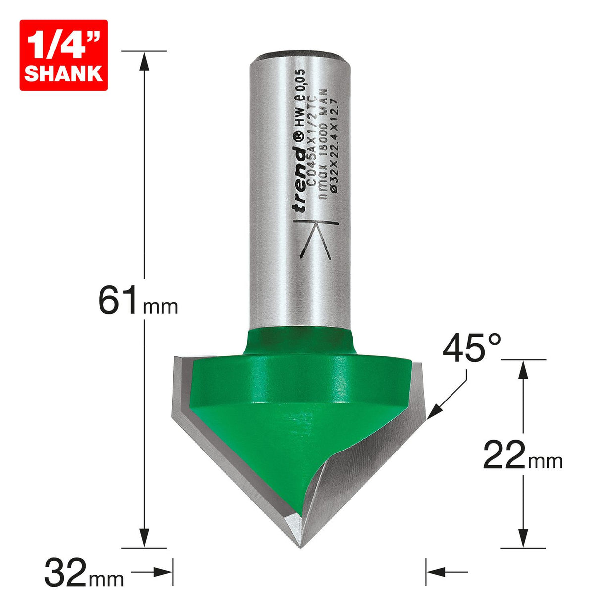 Chamfer V Groove Cutter angle=45 Degrees - C045AX1/2TC