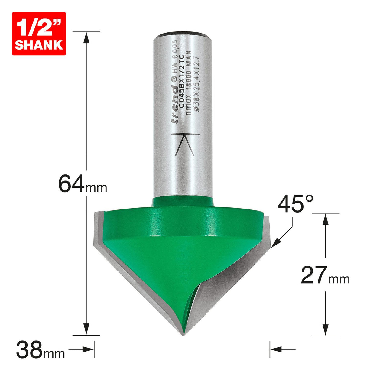 Chamfer V Groove Cutter angle=45 Degrees - C045BX1/2TC