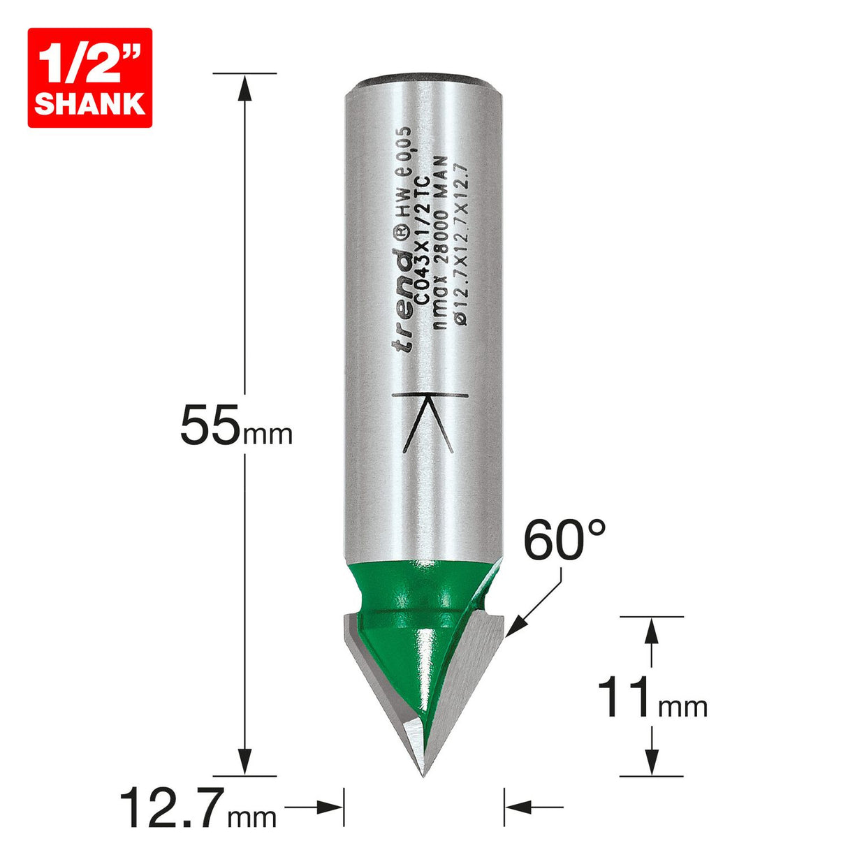 Chamfer V Groove Cutter angle=60 Degrees - C043X1/2TC