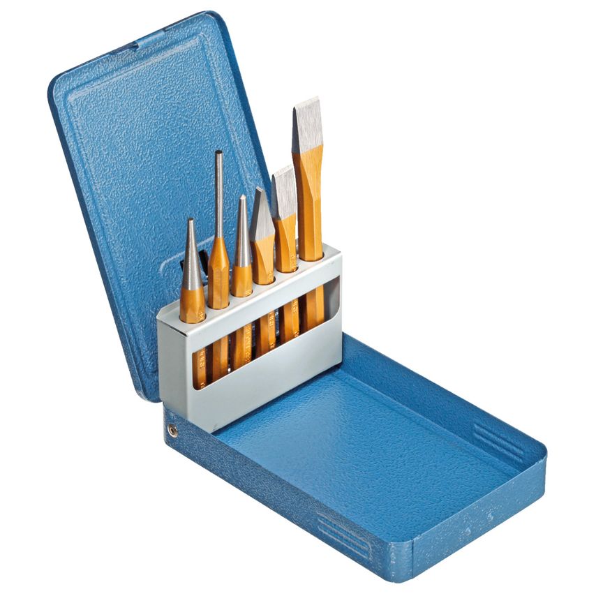 Chisel and punch set, 6 pieces, in metal case
