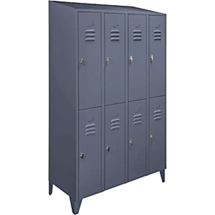 Cloakroom Locker With Sloping Roof - Half-Height Compartments - Total Width 1200mm, 8 Compartments, Blue Grey RAL 7031