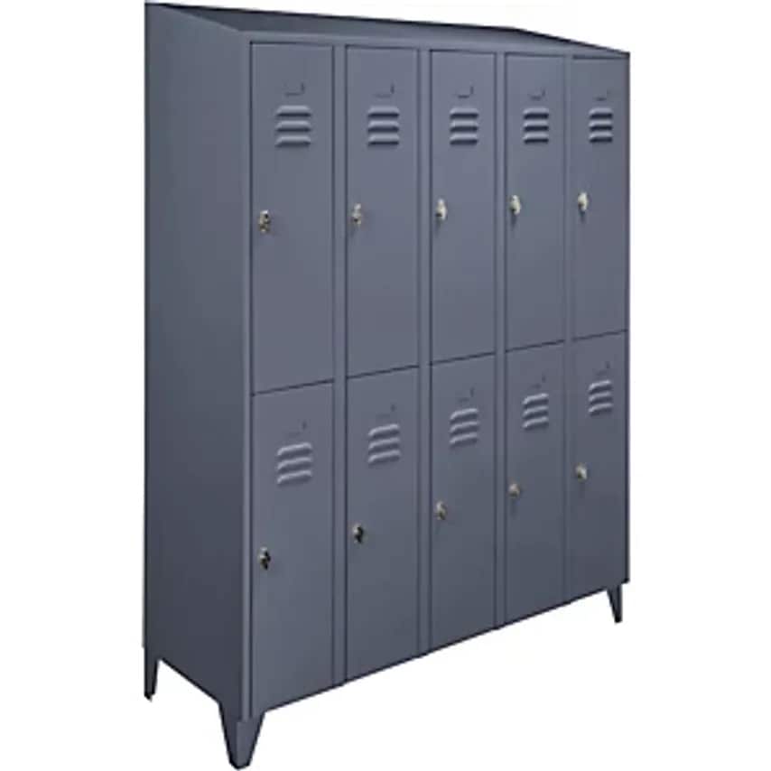 Cloakroom Locker With Sloping Roof - Half-Height Compartments - Total Width 1500mm, 10 Compartments, Blue Grey RAL 7031