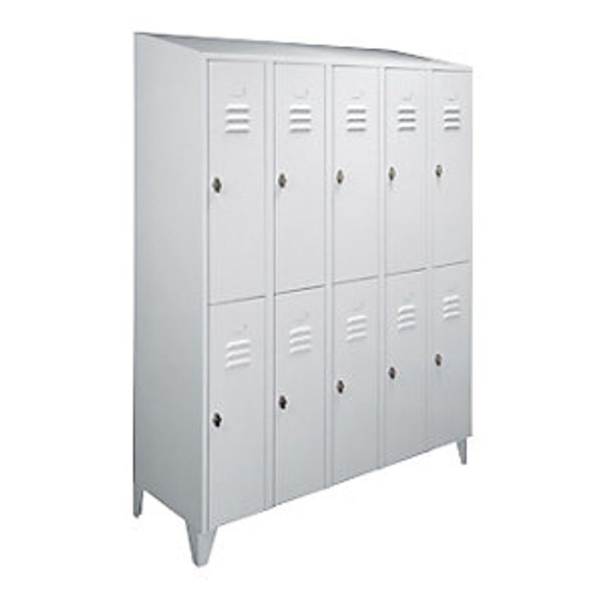 Cloakroom Locker With Sloping Roof - Half-Height Compartments - Total Width 1500mm, 10 Compartments, Light Grey RAL 7035