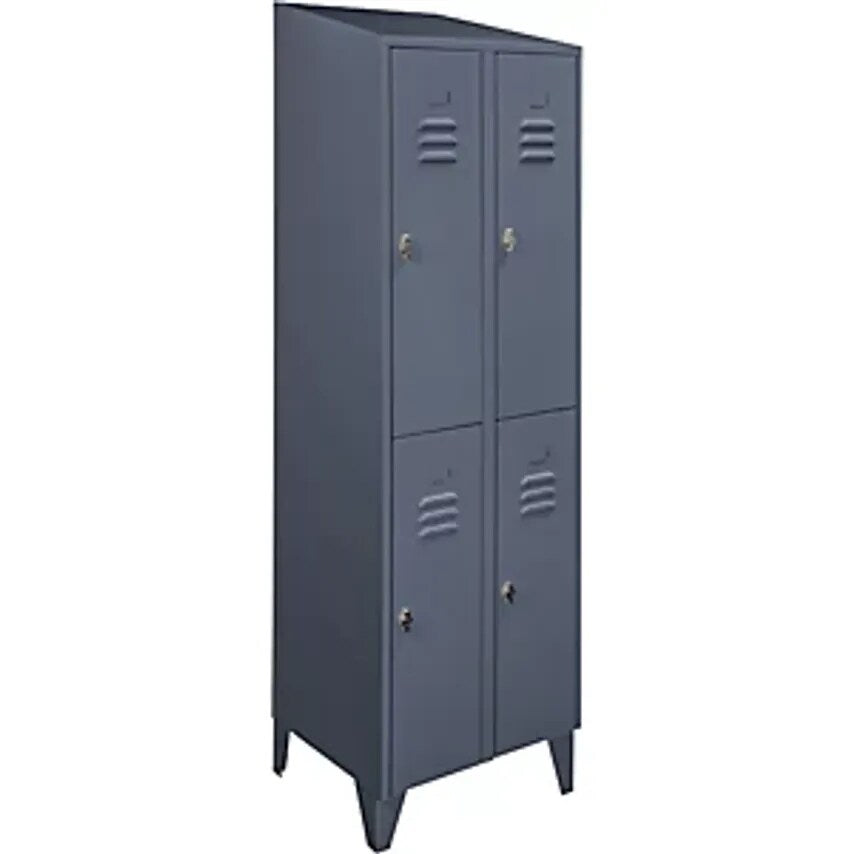 Cloakroom Locker With Sloping Roof - Half-Height Compartments - Total Width 600mm, 4 Compartments, Blue Grey RAL 7031