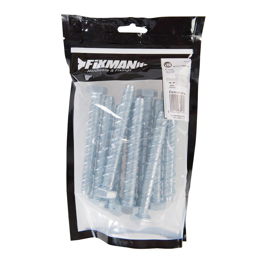 Concrete Masonry Bolts 10pk M12 X 100mm