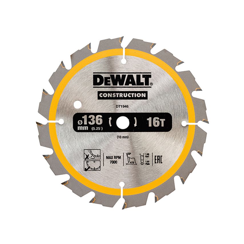 Cordless Construction Trim Saw Blade 136 x 10mm x 16T DEWDT1946QZ