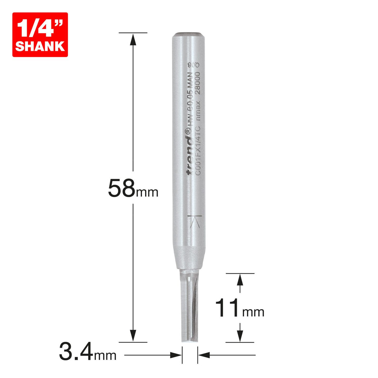 CraftPro 1/4in Shank Two Flute Straight Router Cutter Bit 3.4mm Dia x 11mm Cut Depth - C001FX1/4TC