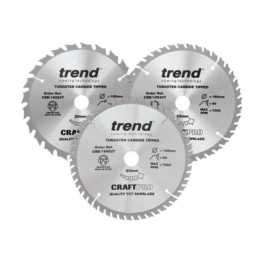 CraftPro Cordless Saw Blade 165 x 20mm x 24T/40T/52T (Pack 3) TRECSB1653PB