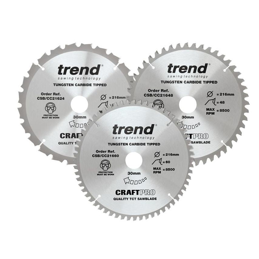 CraftPro Mitre Saw Blade 216 x 30mm x 24T/48T/60T (Pack 3) TRECSB216P3