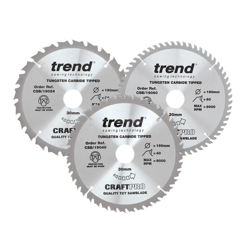 CraftPro Saw Blade 190 x 30mm x 24T/40T/60T (Pack 3) TRECSB190P3