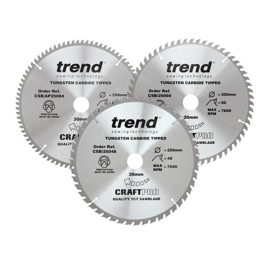 CraftPro Table Saw Blade 250 x 30mm x 48T/60T/84T (Pack 3) TRECSB250P3