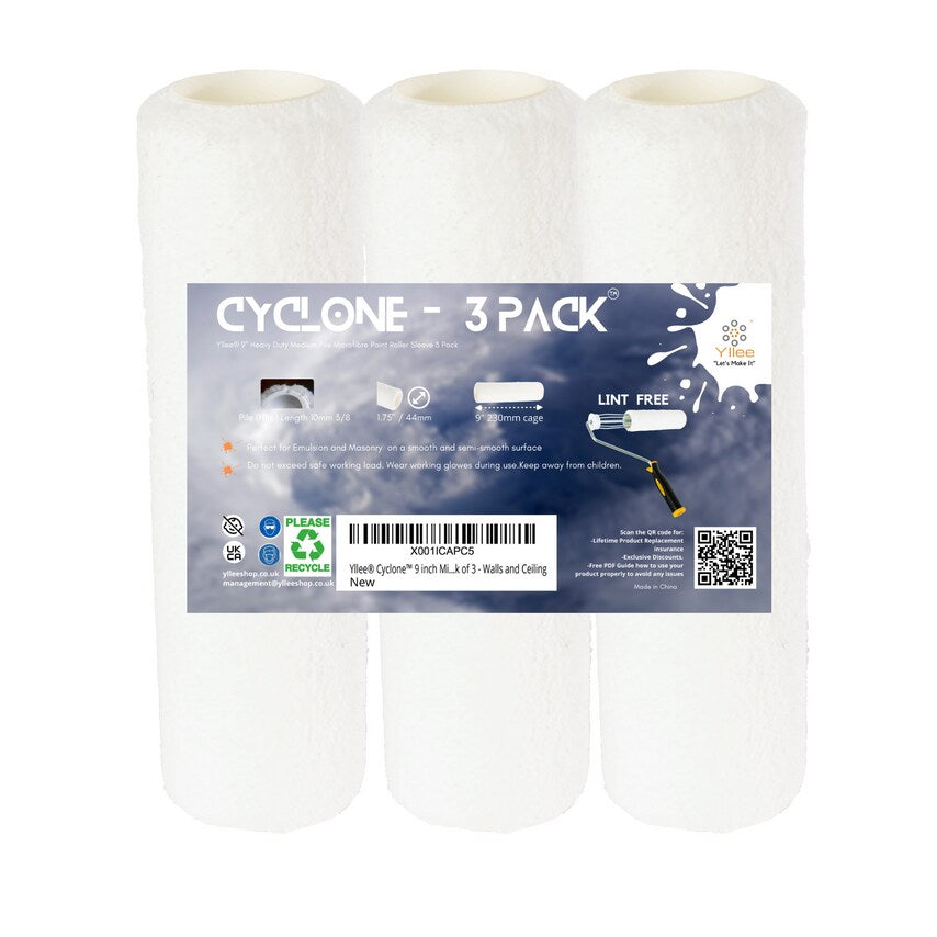 Cyclone Premium Quality 9in Microfiber Non Drip Emulsion & Masonry Ceiling Roller Sleeve 3 Pack