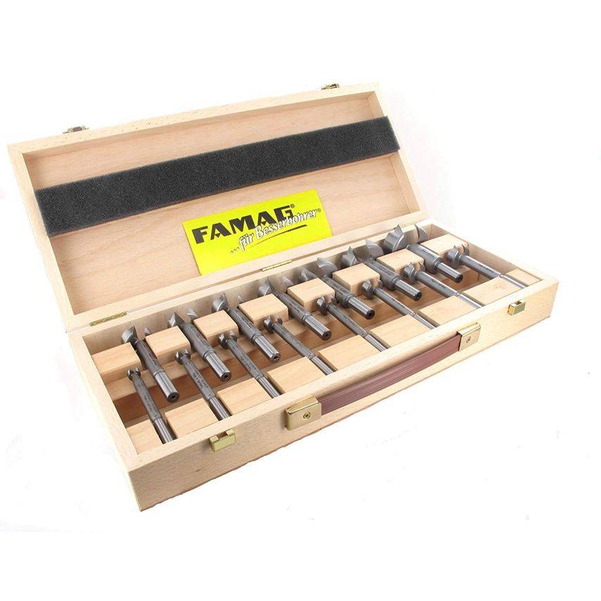 Cylinder Boring Bit, Carbide Tipped, Set of 15 Pieces, 10, 12, 15, 16, 18, 20, 22, 25, 26, 30, 35, 40, 45, 50 mm, in Wooden Case, F166251500